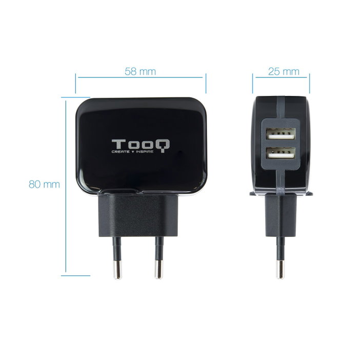 Tooq Cargador de Pared TQWC-1S02 con 2 Puertos USB y Tecnología AI, Negro Tooq Cargador de Pared TQWC-1S02 con 2 Puertos USB y Tecnología AI, Negro